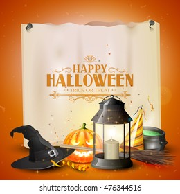 Happy Halloween greeting card with black lantern, old hat, pumpkin, broom and party hat in front of old paper