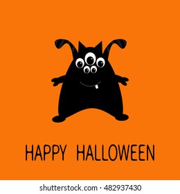 Happy Halloween greeting card. Black silhouette monster with ears, tooth, eyes. Funny Cute cartoon character. Baby collection. Flat design. Orange background. Vector illustration