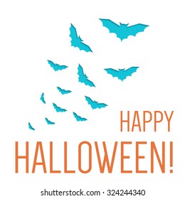 Happy Halloween! greeting card. Blue bat flock silhouette. 
