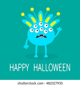 Happy Halloween greeting card. Blue monster with ears, fang tooth. Funny Cute cartoon character. Baby collection. Flat design. Green background. Vector illustration
