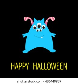 Happy Halloween greeting card. Blue monster with ears, tooth, eyes. Funny Cute cartoon character. Baby collection. Flat design. Black background. Vector illustration