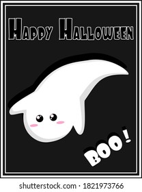 Happy Halloween Greeting Card. Boo. A congratulatory poster. Friendly spirit. Kawaii character. Vector graphics. Flat image.