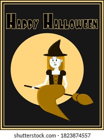 Happy Halloween Greeting Card. Boo. A congratulatory poster. The good witch. Kawaii picture. Vector graphics. Flat image. Witch on a broom.