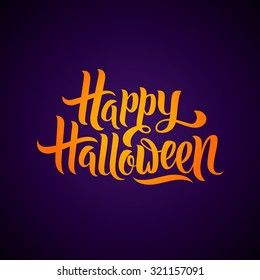 Happy Halloween greeting card Calligraphy. Halloween banner or poster. Handmade vector lettering. Orange text on Violet background