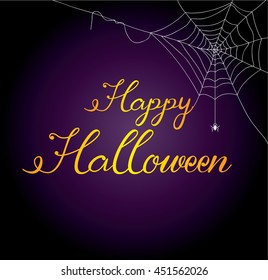 Happy Halloween greeting card Calligraphy. Halloween banner or poster. Handmade vector lettering. Orange text on Violet background wtih white spiders