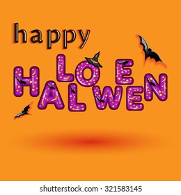 Happy Halloween greeting card with candy violet type over orange background