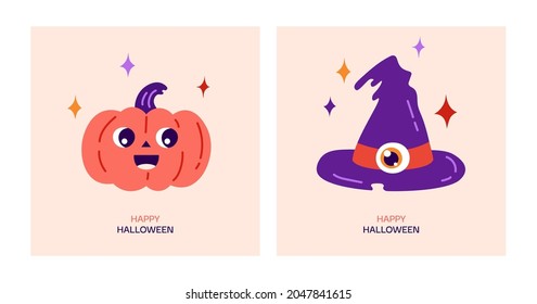 Happy Halloween greeting card. Cartoon vector illustration with cute magic pumpkin, witches hat and stars.