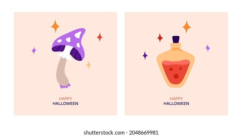 Happy Halloween greeting card. Cartoon vector illustration with cute magic mushroom, potion and stars.