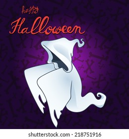 Happy Halloween  greeting card with cartoon ghost. Vector illustration.