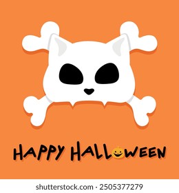 Happy Halloween greeting card with a Cat skull with crossbones on orange background. Cat Jolly Roger. Vector illustration