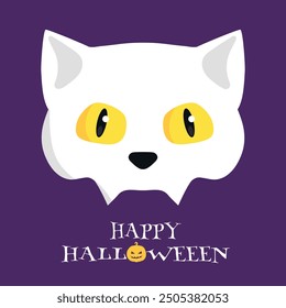 Happy Halloween greeting card with a Cat skull with yellow eyes isolated on purple background. Vector illustration