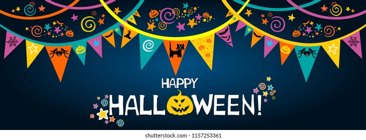 Happy Halloween. Greeting card.  Celebration dark background with garland, pumpkin, cat, hat and place for your text. Vector illustration