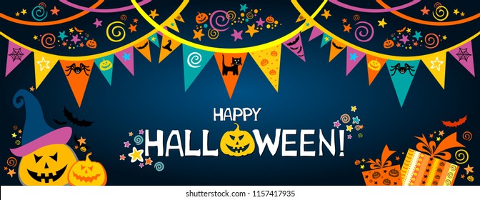 Happy Halloween. Greeting card.  Celebration dark background with garland, pumpkin, cat, hat, gift box and place for your text. Vector illustration