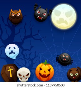 Happy Halloween greeting card. Celebration party background with angry stylized characters.