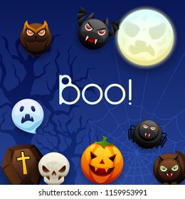 Happy Halloween greeting card. Celebration party background with angry stylized characters.