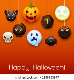 Happy Halloween greeting card. Celebration party background with angry stylized characters.
