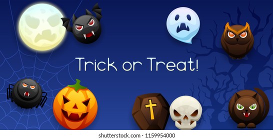 Happy Halloween greeting card. Celebration party background with angry stylized characters.