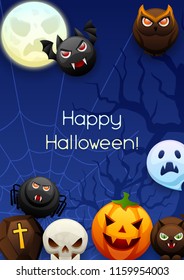Happy Halloween greeting card. Celebration party background with angry stylized characters.