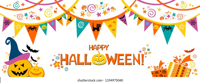 Happy Halloween. Greeting card.  Celebration white background with garland, pumpkin, cat, hat, gift box and place for your text. Vector illustration