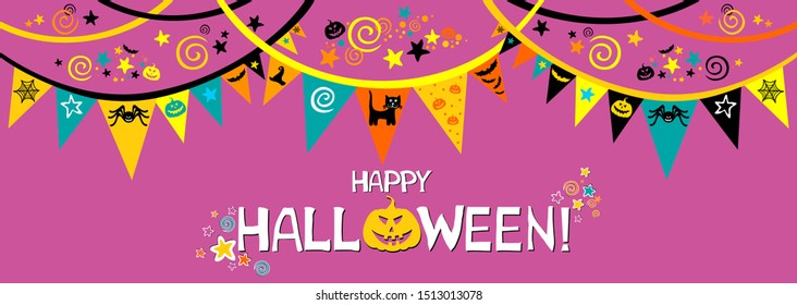 Happy Halloween. Greeting card.  Celebration  background with garland, pumpkin, cat, hat and place for your text. Horizontal web banner. Vector illustration