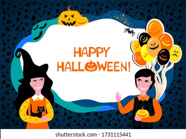 Happy Halloween. Greeting card.  Celebration dark background with  pumpkin, cat, hat, Ghost Balloons and place for your text. Flyer or invitation template, Brochures, Poster or Banner. Vector 