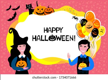 Happy Halloween. Greeting card.  Celebration pink background with  pumpkin, cat, hat, Ghost Balloons and place for your text. Flyer or invitation template, Brochures, Poster or Banner. Vector 