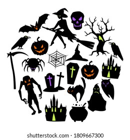 Happy Halloween greeting card with celebration items. Illustration or background for holiday and party.