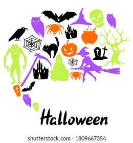 Happy Halloween greeting card with celebration items. Illustration or background for holiday and party.
