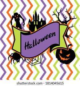 Happy Halloween greeting card with celebration items. Illustration or background for holiday and party.