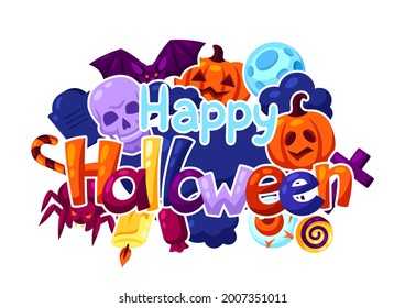 Happy Halloween greeting card with celebration items. Illustration or background for party.