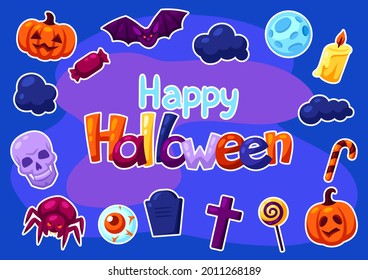 Happy Halloween greeting card with celebration items. Illustration or background for party.