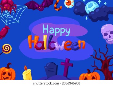 Happy Halloween greeting card with celebration items. Illustration or background for party.