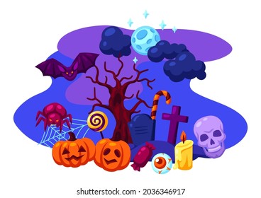 Happy Halloween greeting card with celebration items. Illustration or background for party.