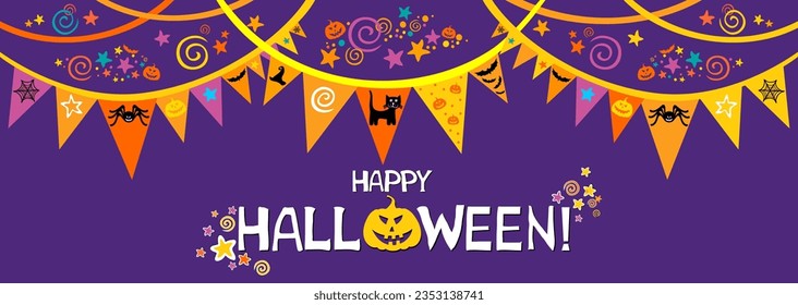 Happy Halloween. Greeting card.  Celebration violet background with garland, pumpkin, cat, hat, spider and place for your text. Vector illustration