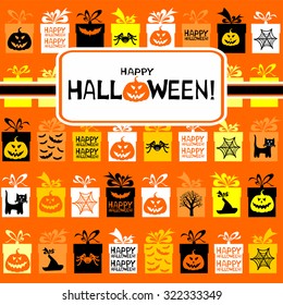 Happy Halloween! Greeting card. Celebration background with gift boxes and place for your text. Vector Illustration 