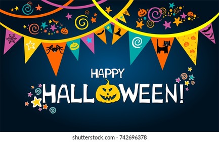 Happy Halloween. Greeting card.  Celebration dark background with garland, pumpkin, cat, hat and place for your text. Vector illustration