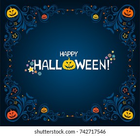 Happy Halloween.  Greeting card.  Celebration dark background with garland, pumpkin, cat, hat and place for your text. Vector illustration