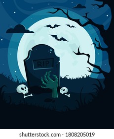 Happy Halloween greeting card with cemetery, skulls, full moon, zombie hand, trees, bats. Vector illustration