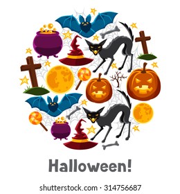 Happy halloween greeting card with characters and objects.