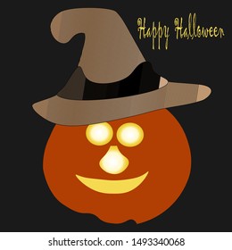 Happy Halloween, greeting card with cheerful pumpkins on night landscape background, Halloween template for your art. Vector illustration.