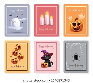 Happy Halloween greeting card clipart set. Halloween greeting card clip art collection with scary characters elements like ghost, candles, pumpkins, cat and spider web in colorful background poster 