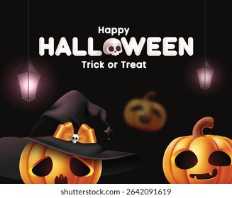 Happy Halloween greeting card clipart design. Halloween trick or treat text with cute, scary and creepy pumpkin character clip art wearing witch hat and ribbon horror party elements vector 