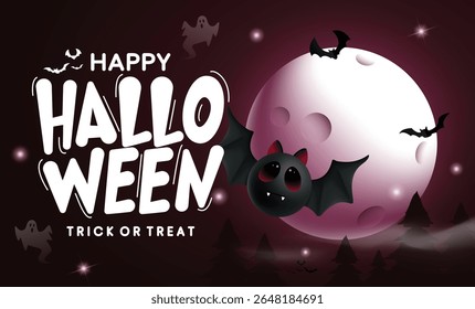 Feliz Halloween cartão de saudação clipart design. Halloween truque ou tratar texto clip art em fundo de lua noite escura assustador com morcego para o horror partido skittish celebração banner modelo vetor