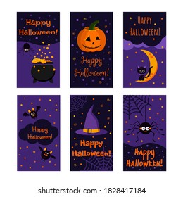 Happy Halloween greeting card collection. Cute halloween character black cat, spider, orange pumpkin jack lamp, witch hat, bats, cauldron withpoison. Vector cartoon flat style holiday illustration set