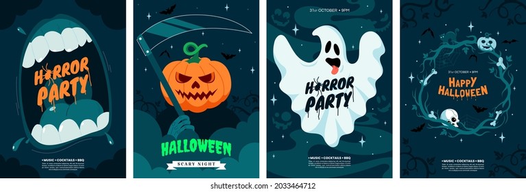 Happy Halloween greeting card collection. Halloween posters design with different scary illustrations. Ideal for event invitation, party flyer, social media post, banner. Vector eps 10