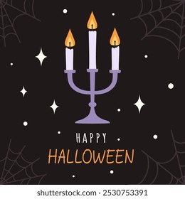 happy halloween greeting card collection, design with burning candles in candlestick on dark background