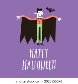 Happy halloween greeting card with Count Dracula in simple hand drawn style. Holiday party poster.