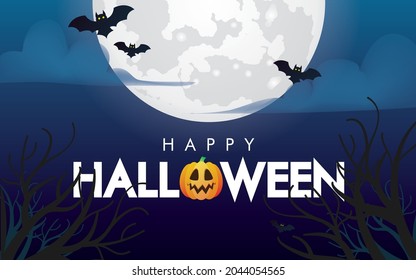 Happy Halloween Greeting Card. Creepy Halloween Night with Full Moon and Bats Vector Design