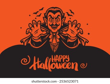 Tarjeta de felicitación feliz de Halloween con un vampiro espeluznante. Ilustración vectorial sobre fondo naranja