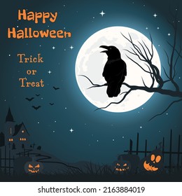 Happy halloween greeting card. Crow on tree brunch at moonlight night. Halloween background with church, pumpkin, bats and graveyard . 
Vector illustration. 